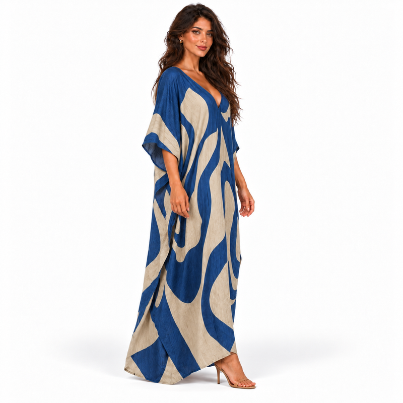 Elegant Blue Abstract Print Linen Kaftan-3