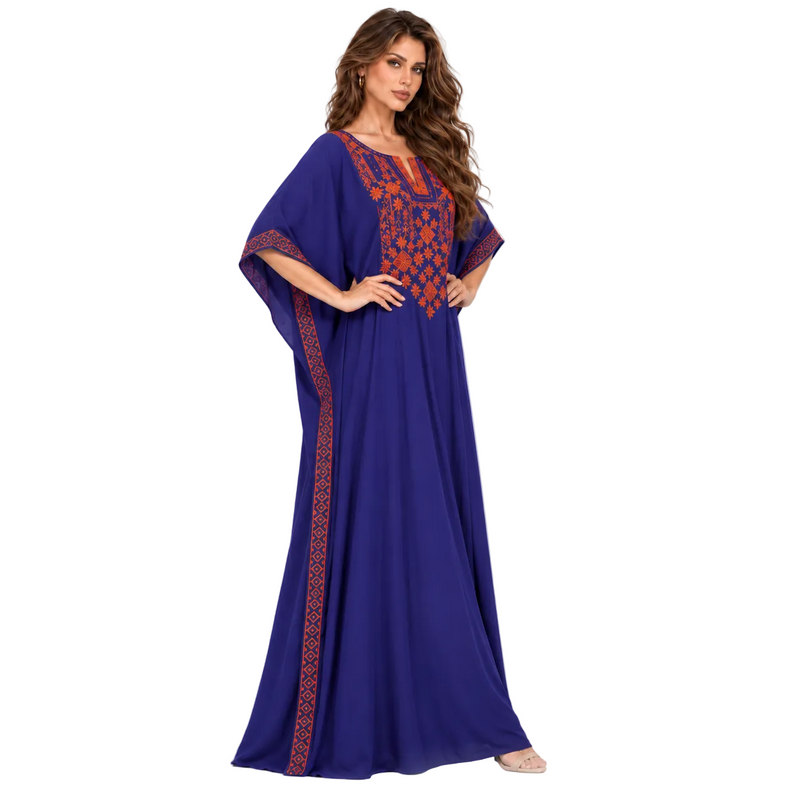 Elegant Royal Blue Orange Embroidered Kaftan-3