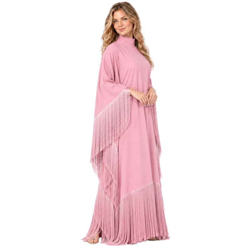 Elegant Blush Pink Fringe Detail Kaftan-3