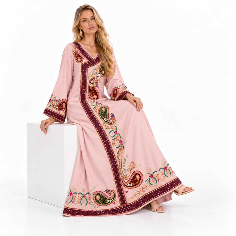 Pink Paisley Embroidered Gamis Luxury Kaftan-3