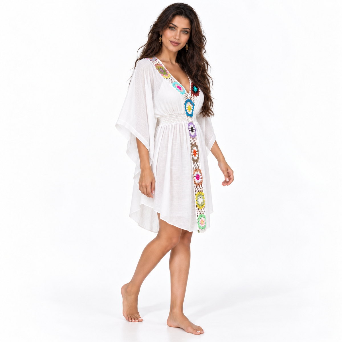White Crochet Floral Trim Beach Kaftan-2
