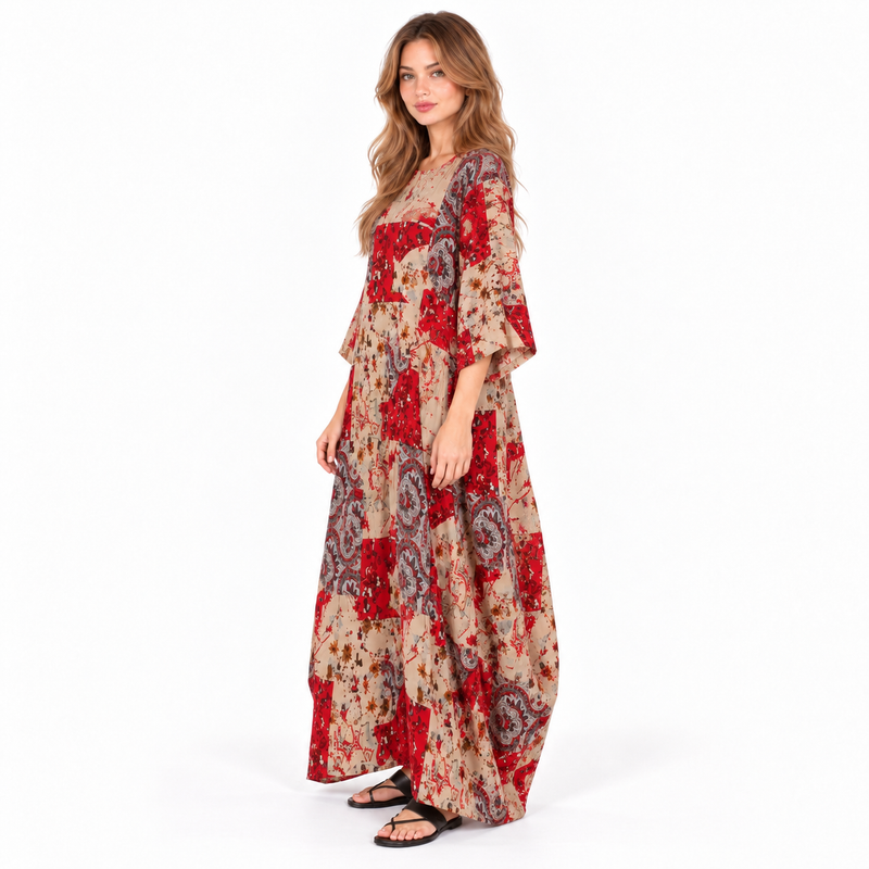 Red Cotton Kaftan Floral Patchwork Dress-3