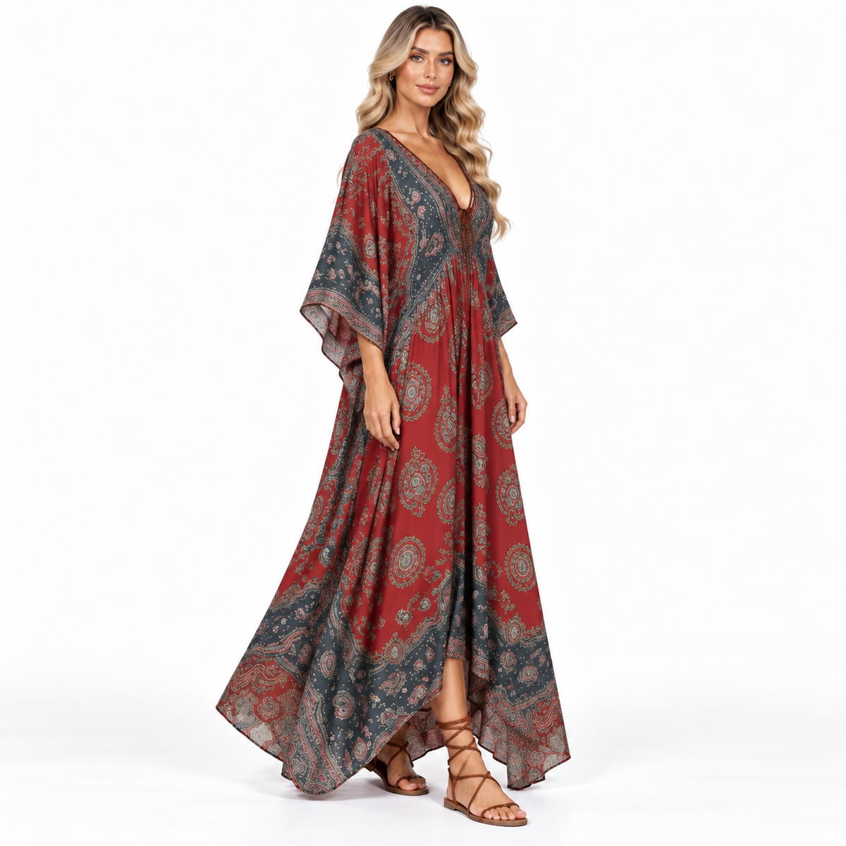 Rust Red Paisley Print Modern Kaftan-3