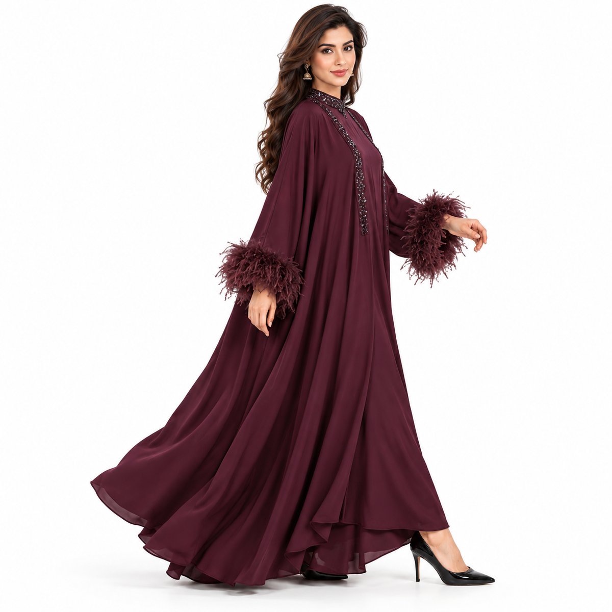 Elegant Burgundy Pakistani Kaftan Feather Dress-2