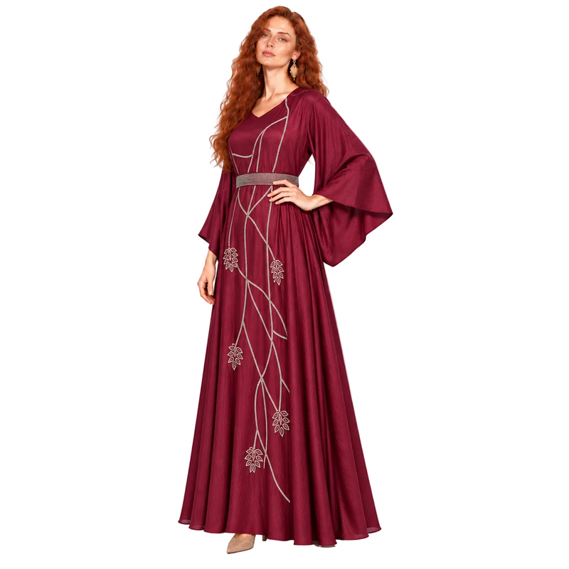 Elegant Burgundy Silver Embellished Lebaran Kaftan Dress-3