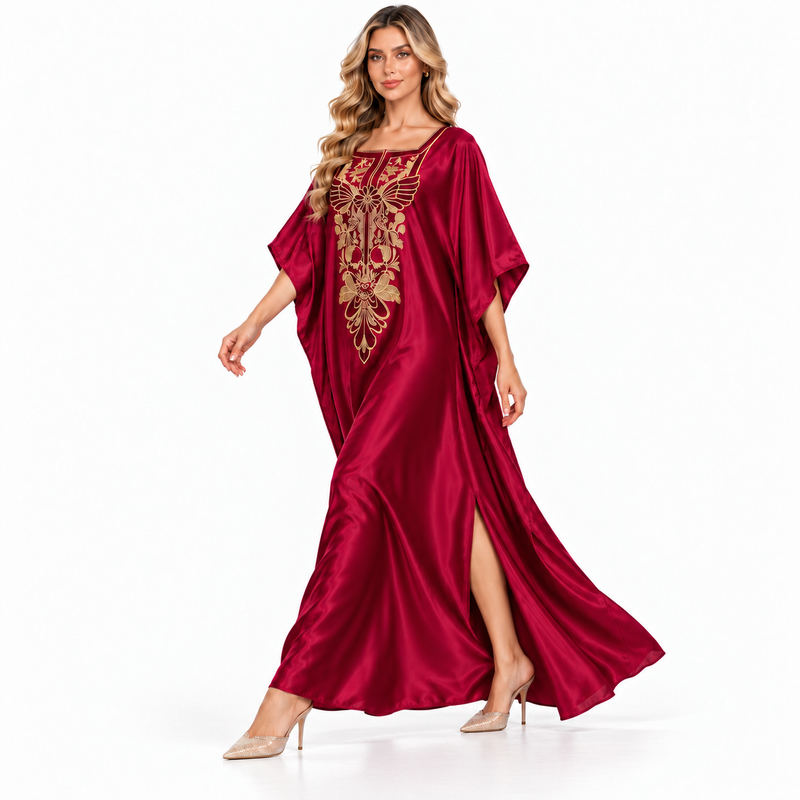 Red Satin Gold Embroidered Modern Kaftan-2