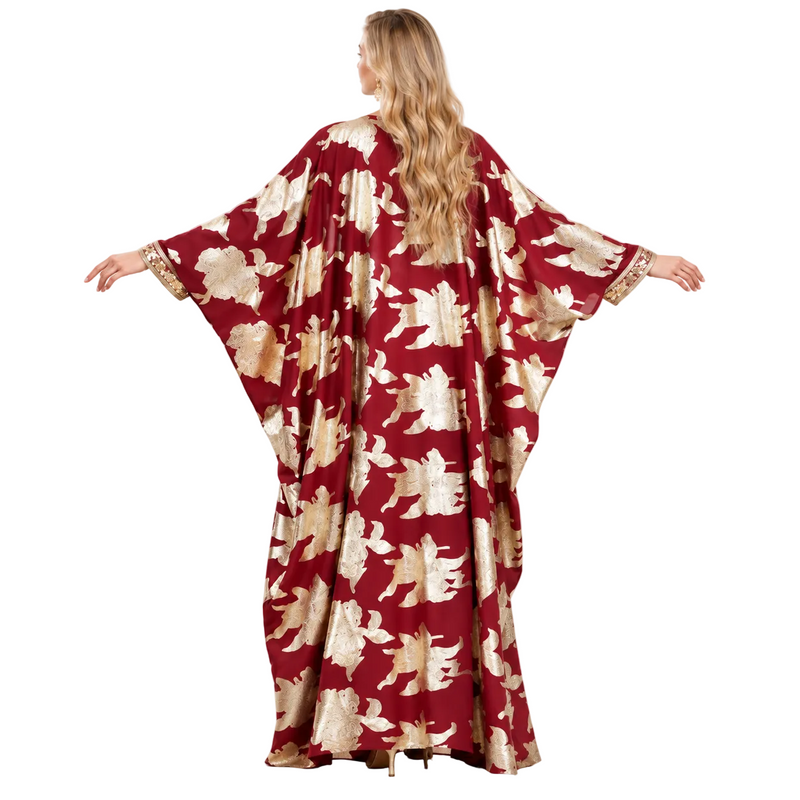 Red Gold Floral Embroidered Luxury Kaftan-4