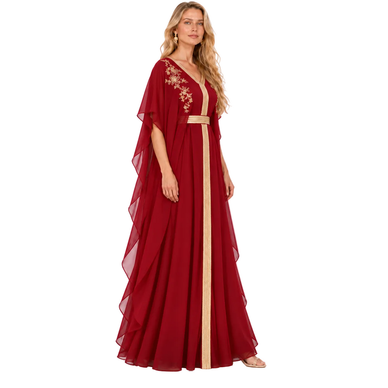 Burgundy Gold Embroidered Luxury Gamis Kaftan-3