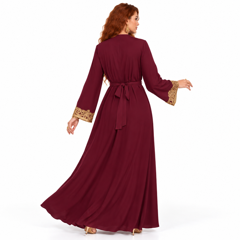 Wine Red Gold Embroidered Lebaran Kaftan-4