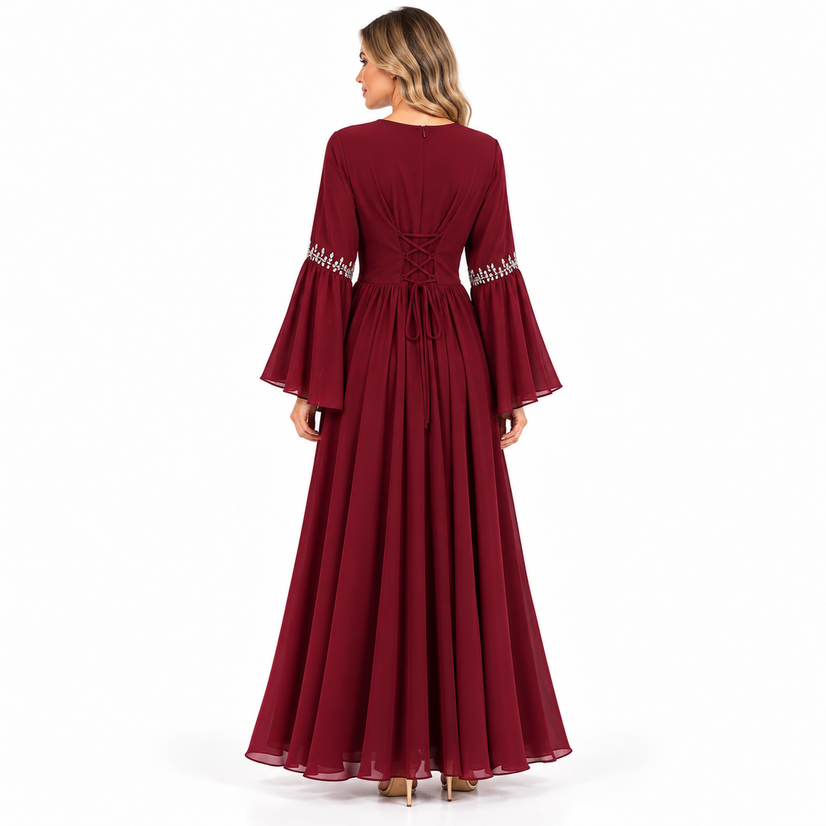 Elegant Wine Red Velvet Kaftan Dress-4