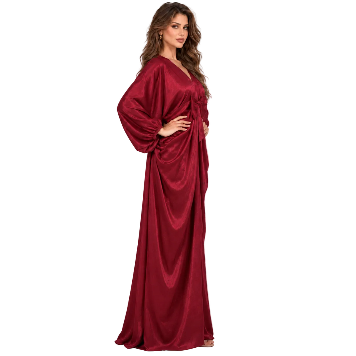 Elegant Burgundy Satin Bow Detail Kaftan-2