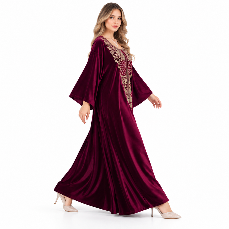 Wine Red Velvet Kaftan With Embroidery-2