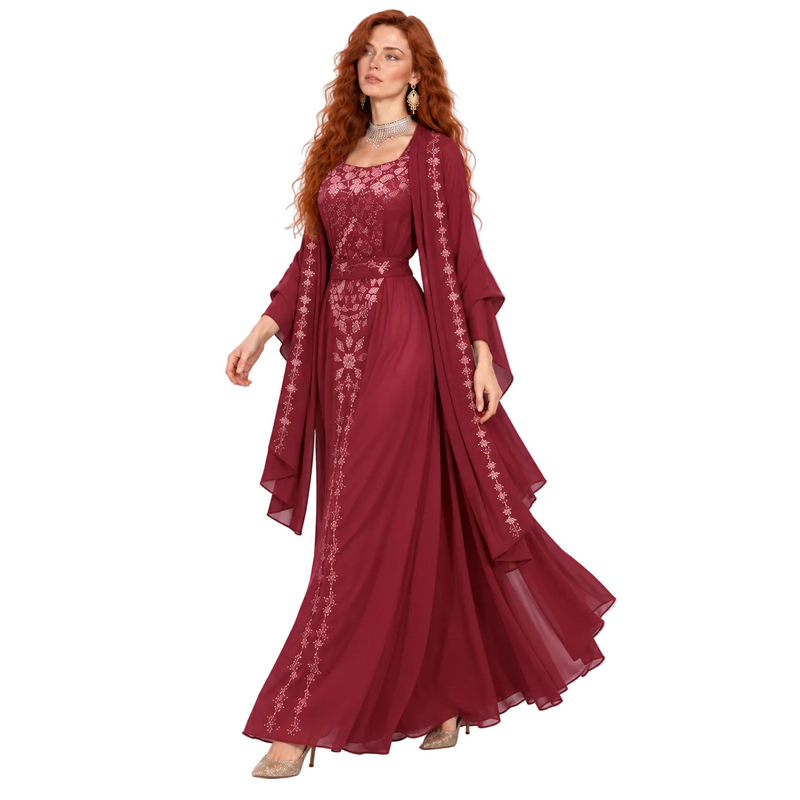 Elegant Burgundy Floral Embroidered Kaftan Lebaran-2