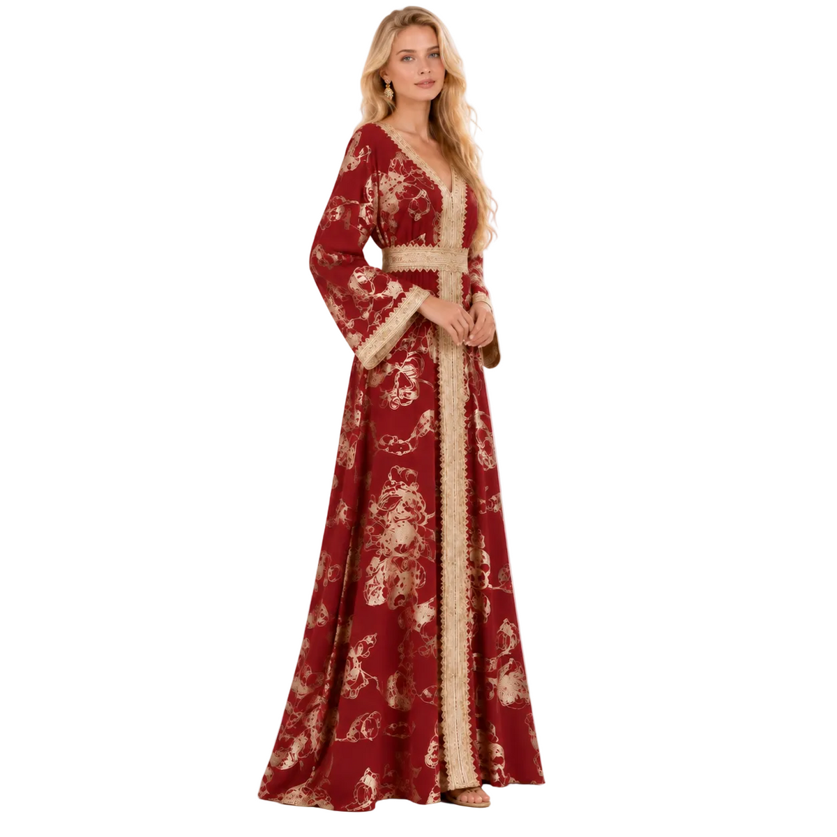 Red Gold Embroidered Luxury Gamis Kaftan-3
