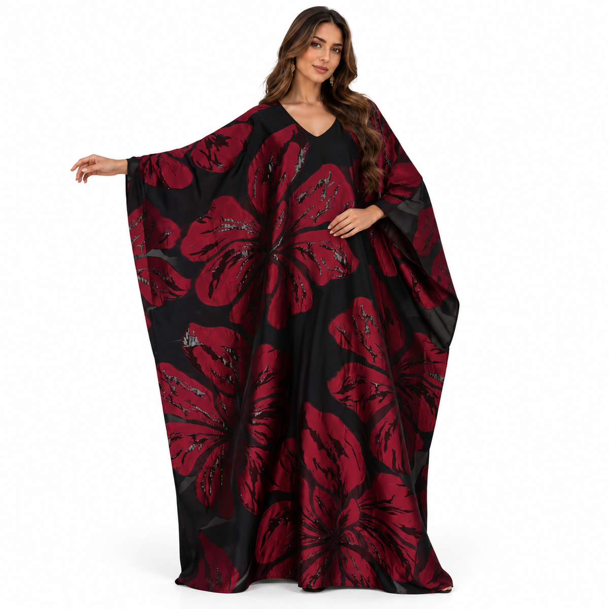 Black Burgundy Floral Flowing Baju Kaftan