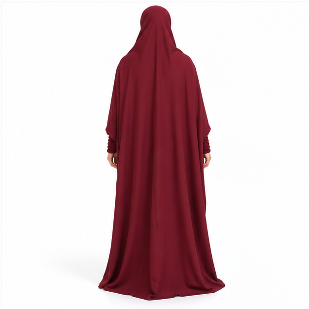 Elegant Burgundy Jilbab With Ruched Sleeves-4