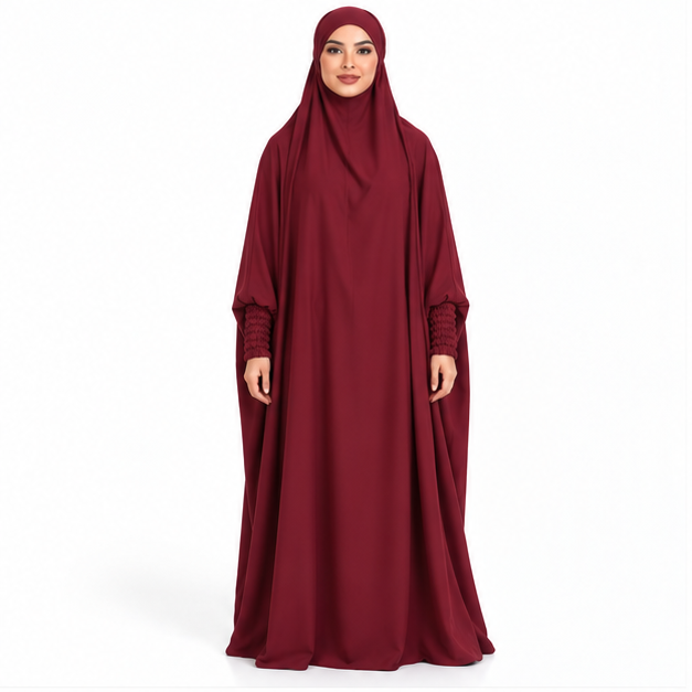 Elegant Burgundy Jilbab With Ruched Sleeves-1