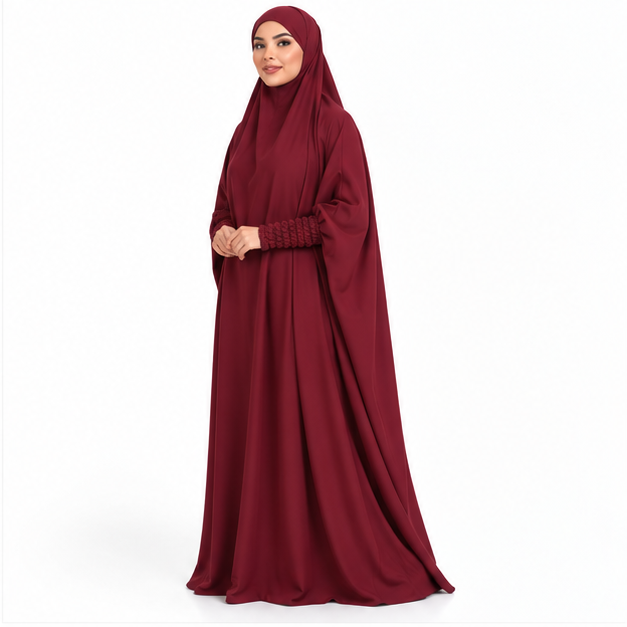 Elegant Burgundy Jilbab With Ruched Sleeves-3