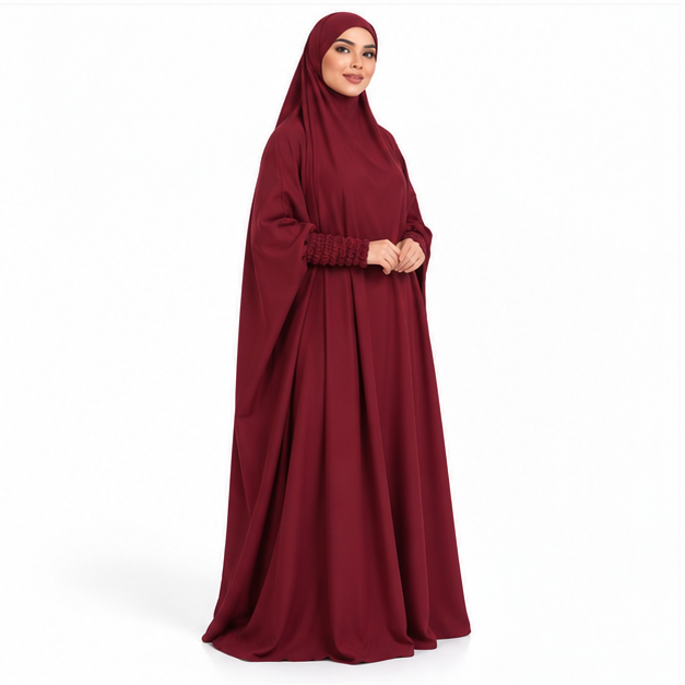 Elegant Burgundy Jilbab With Ruched Sleeves-2