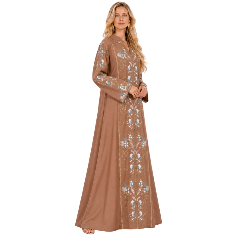 Coffee Blue Floral Embroidered Gamis Kaftan-3