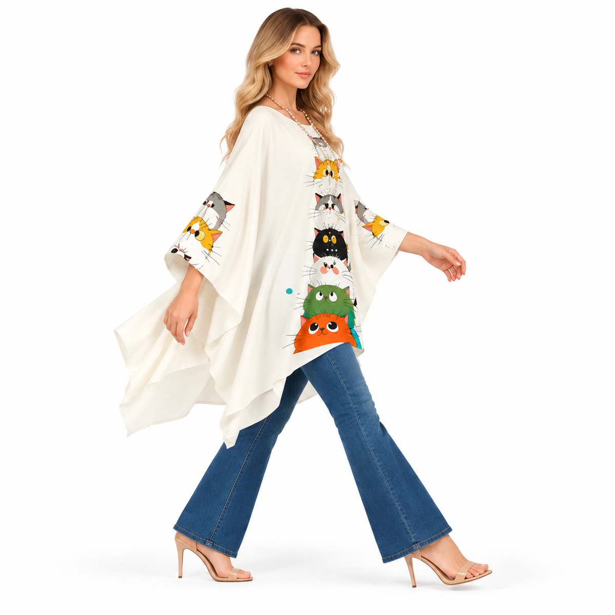 Cute Cat Print Flowy Kaftan Top