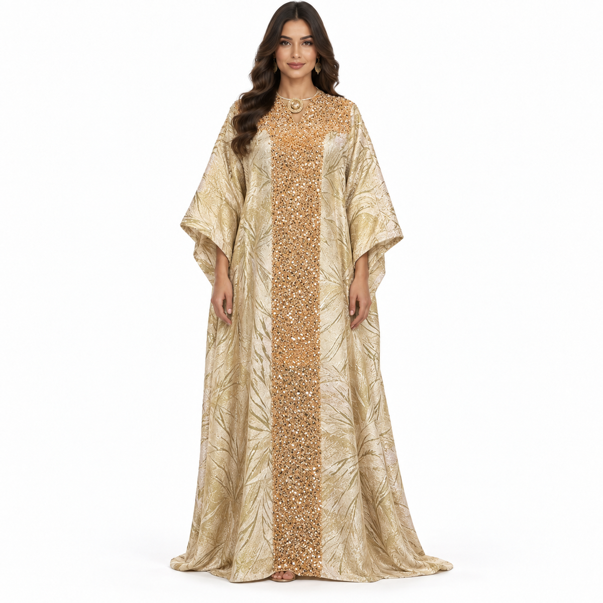Champagne Gold Embellished Jacquard Luxury Kaftan-1