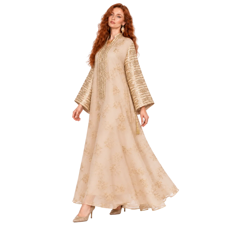 Elegant Apricot Gold Embroidered Lebaran Kaftan-3
