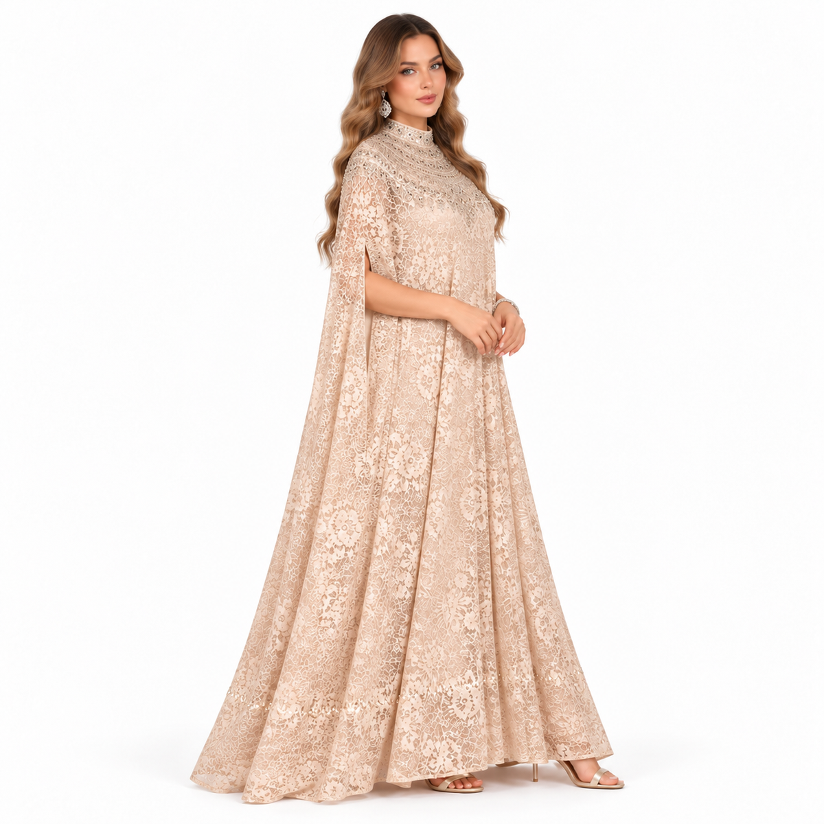 Elegant Beige Floral Sequin Lace Kaftan