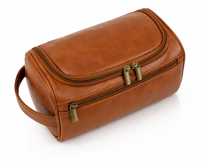 Vintage Leather Toiletry Bag for Men – Travel Dopp Kit with Large Capacity & Dual Zip Compartments-2