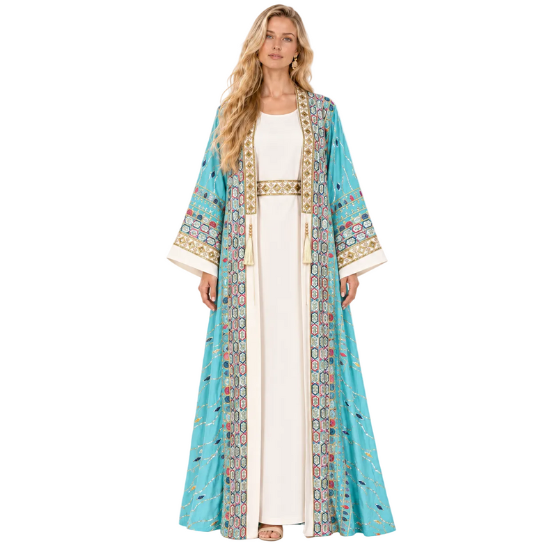 Elegant Blue Embroidered Two Piece Kaftan-1