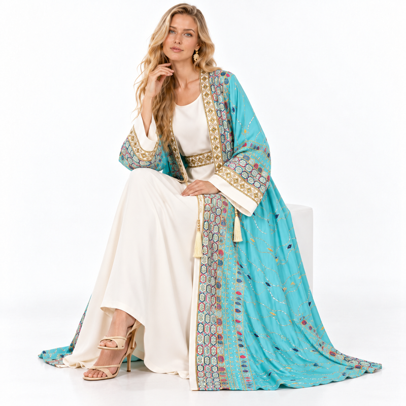 Elegant Blue Embroidered Two Piece Kaftan-2