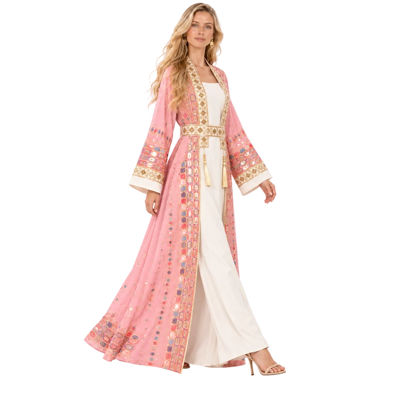 Elegant Pink Embroidered Two Piece Kaftan-2