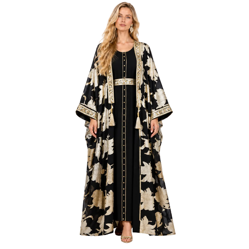 Elegant Black Gold Floral Gamis Kaftan-1