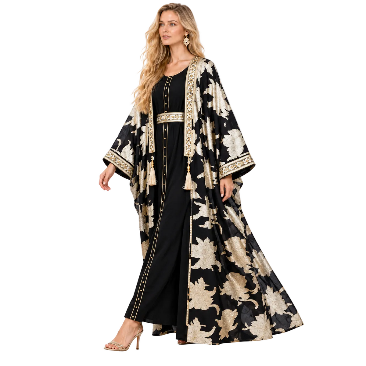 Elegant Black Gold Floral Gamis Kaftan-3
