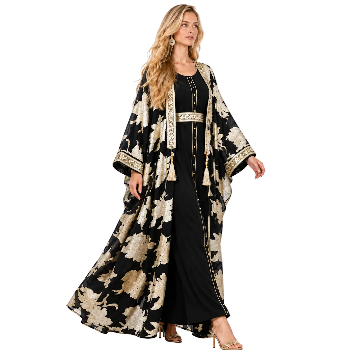 Elegant Black Gold Floral Gamis Kaftan-2