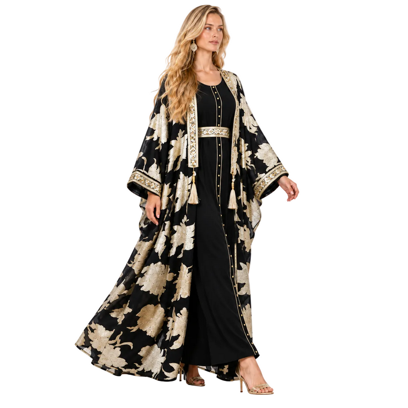 Elegant Black Gold Floral Gamis Kaftan-2