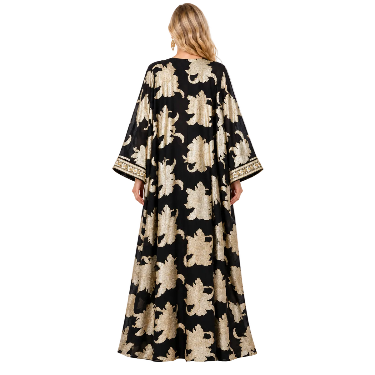 Elegant Black Gold Floral Gamis Kaftan-4