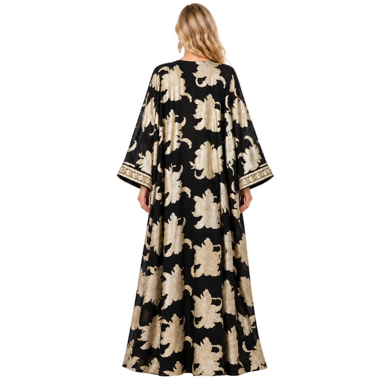 Elegant Black Gold Floral Gamis Kaftan-4