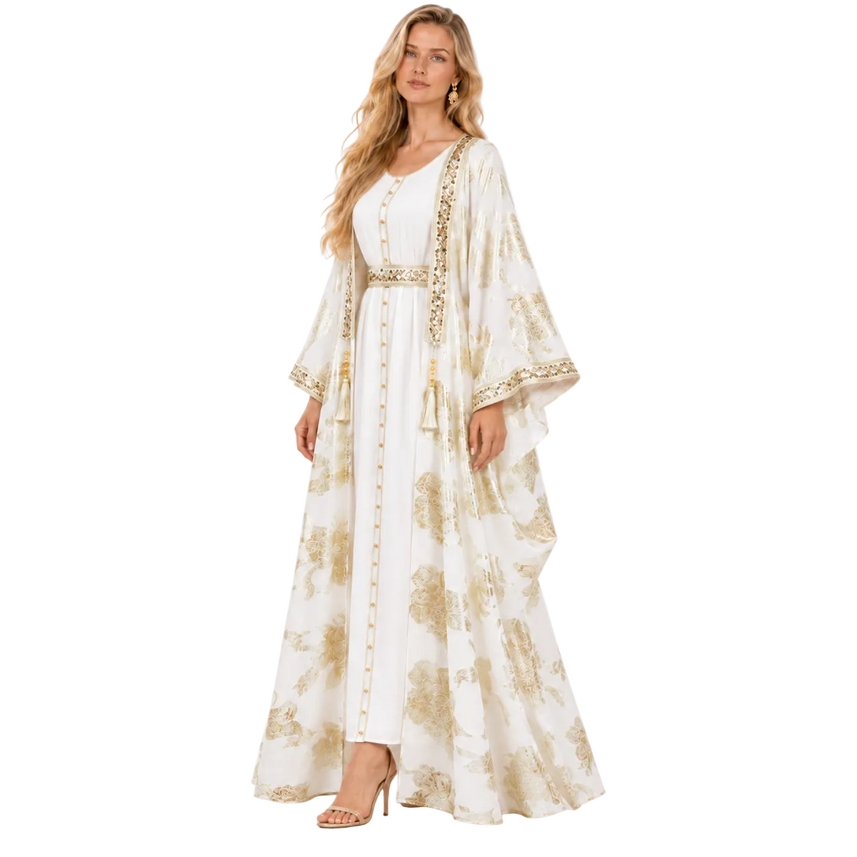 White Gold Floral Butterfly Gamis Kaftan