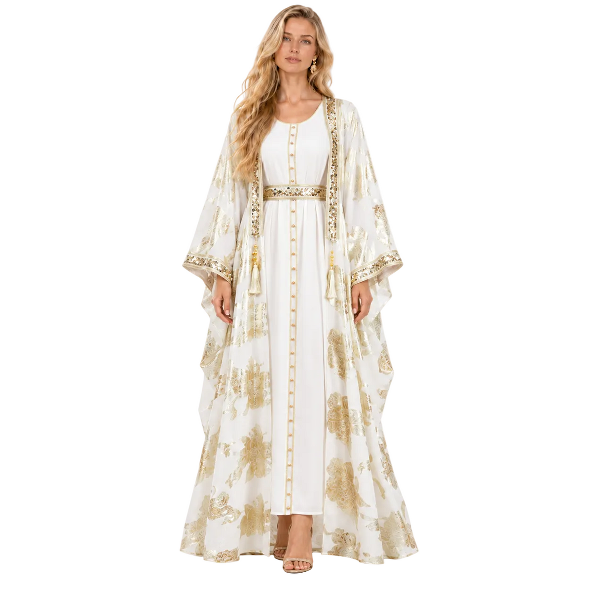 White Gold Floral Butterfly Gamis Kaftan