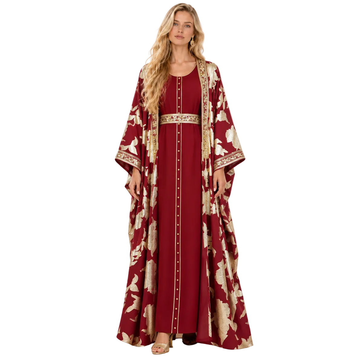 Red Gold Floral Embroidered Luxury Kaftan-1