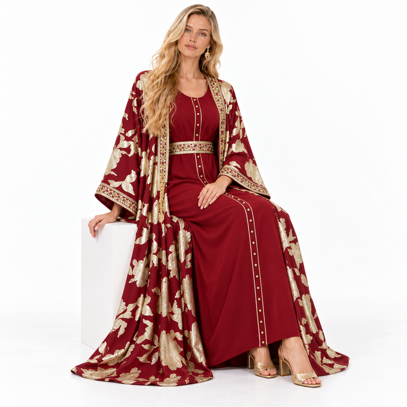 Red Gold Floral Embroidered Luxury Kaftan-3