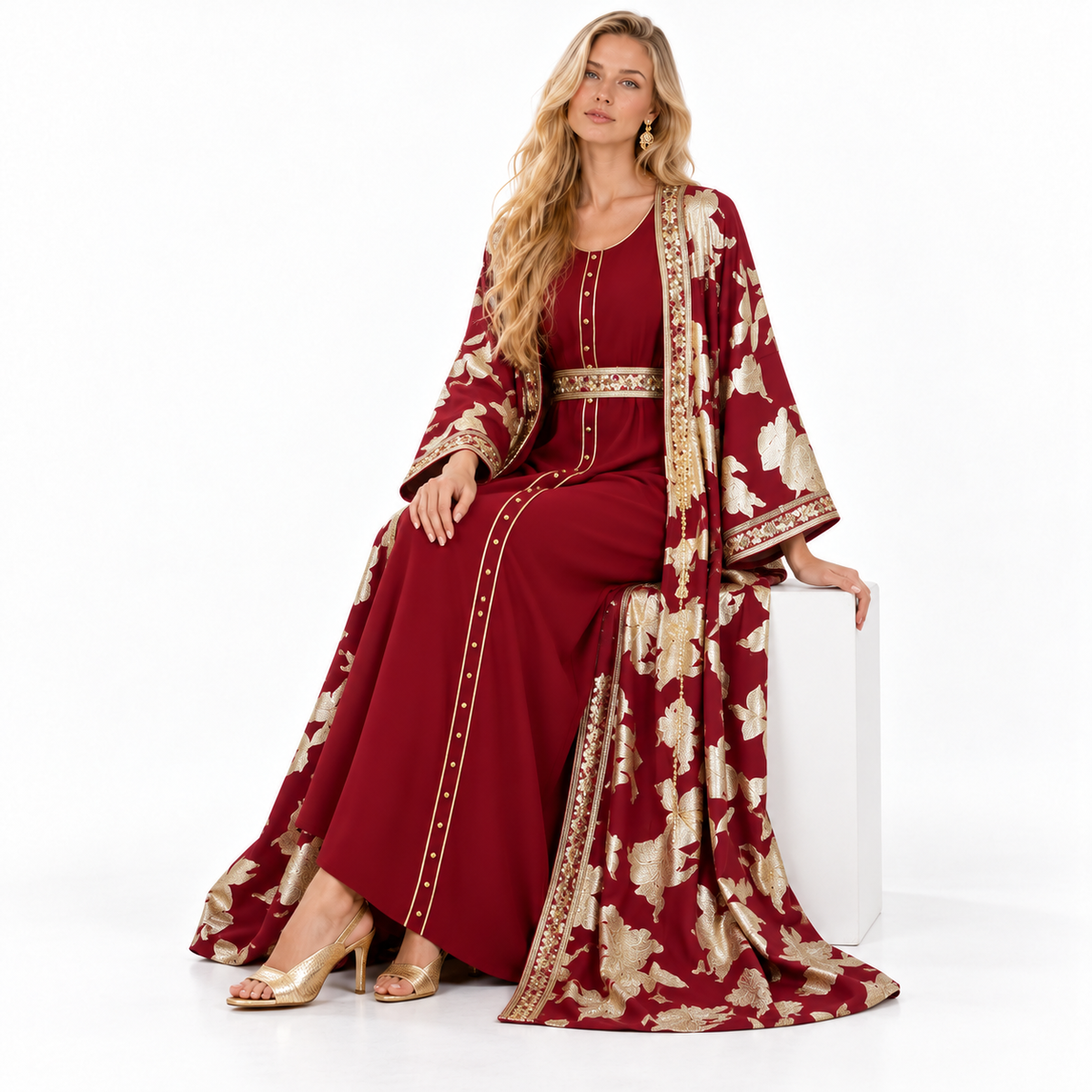 Red Gold Floral Embroidered Luxury Kaftan-2