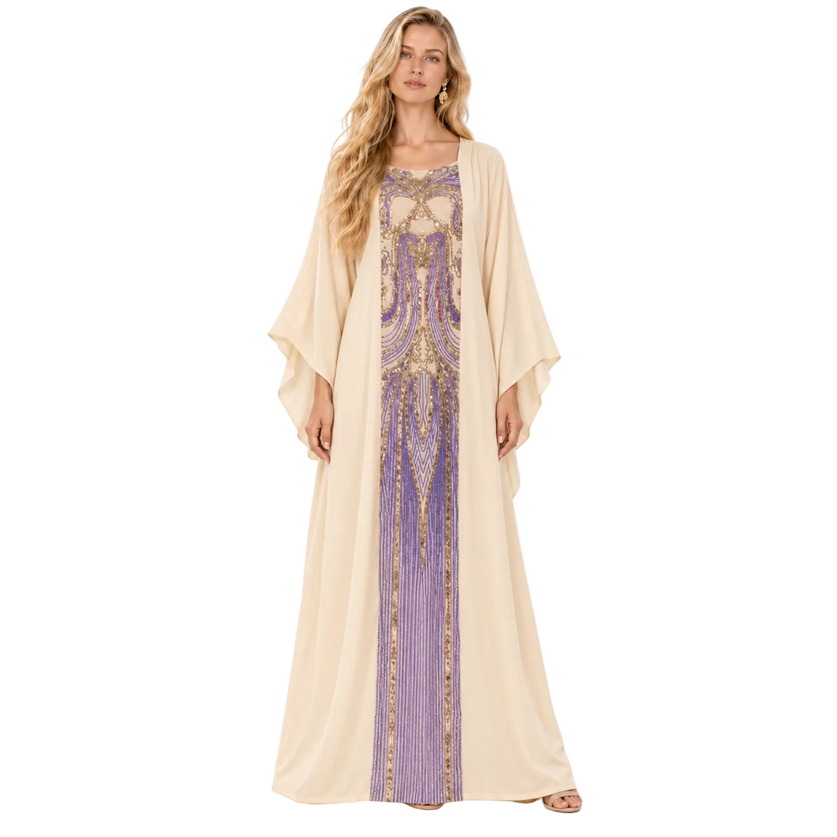 Elegant Beige Purple Embroidered Gamis Kaftan-1