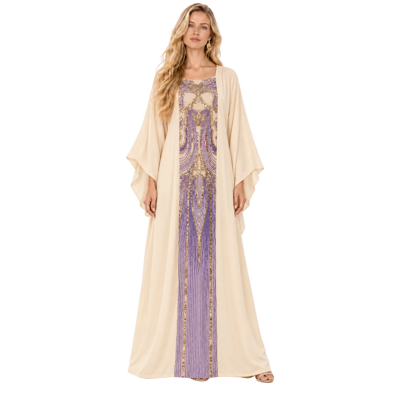 Elegant Beige Purple Embroidered Gamis Kaftan-1