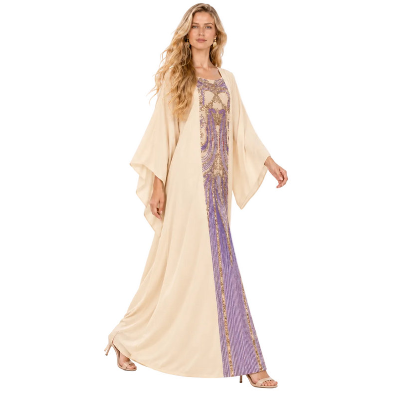 Elegant Beige Purple Embroidered Gamis Kaftan-3