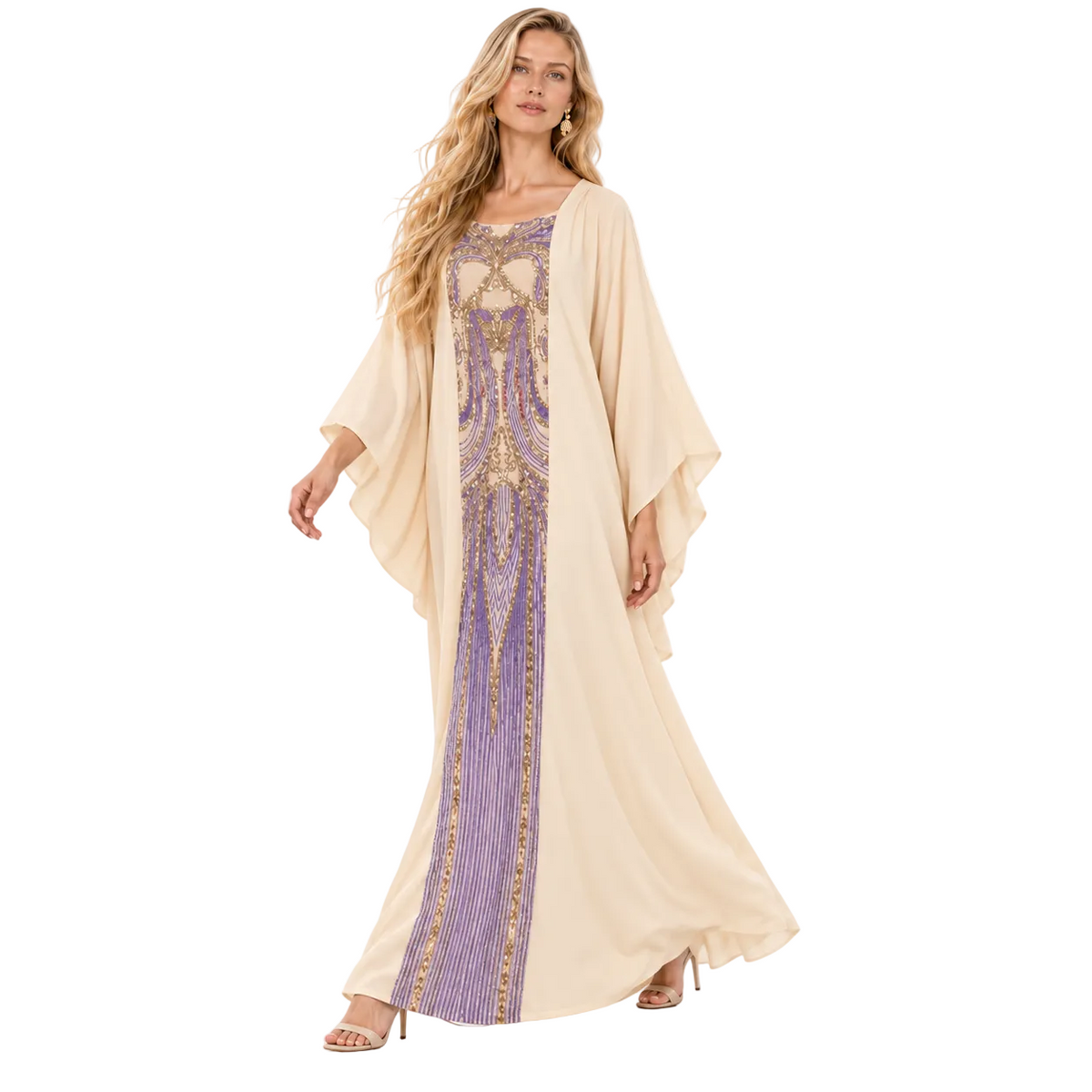 Elegant Beige Purple Embroidered Gamis Kaftan-2