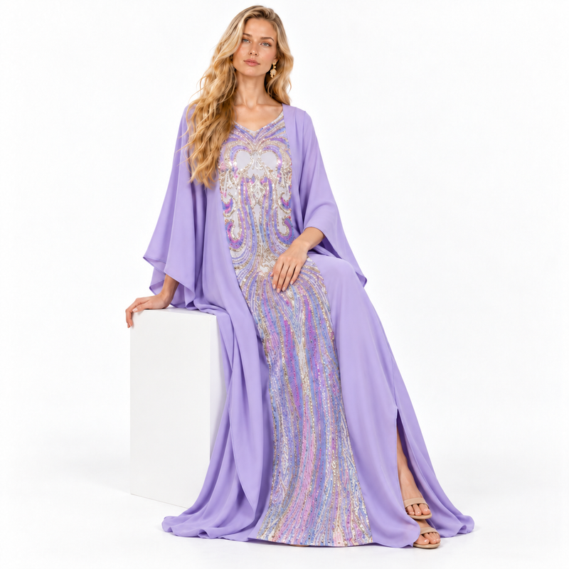 Elegant Purple Embroidered Flowing Gamis Kaftan-3