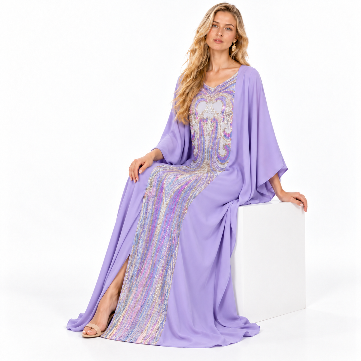 Elegant Purple Embroidered Flowing Gamis Kaftan