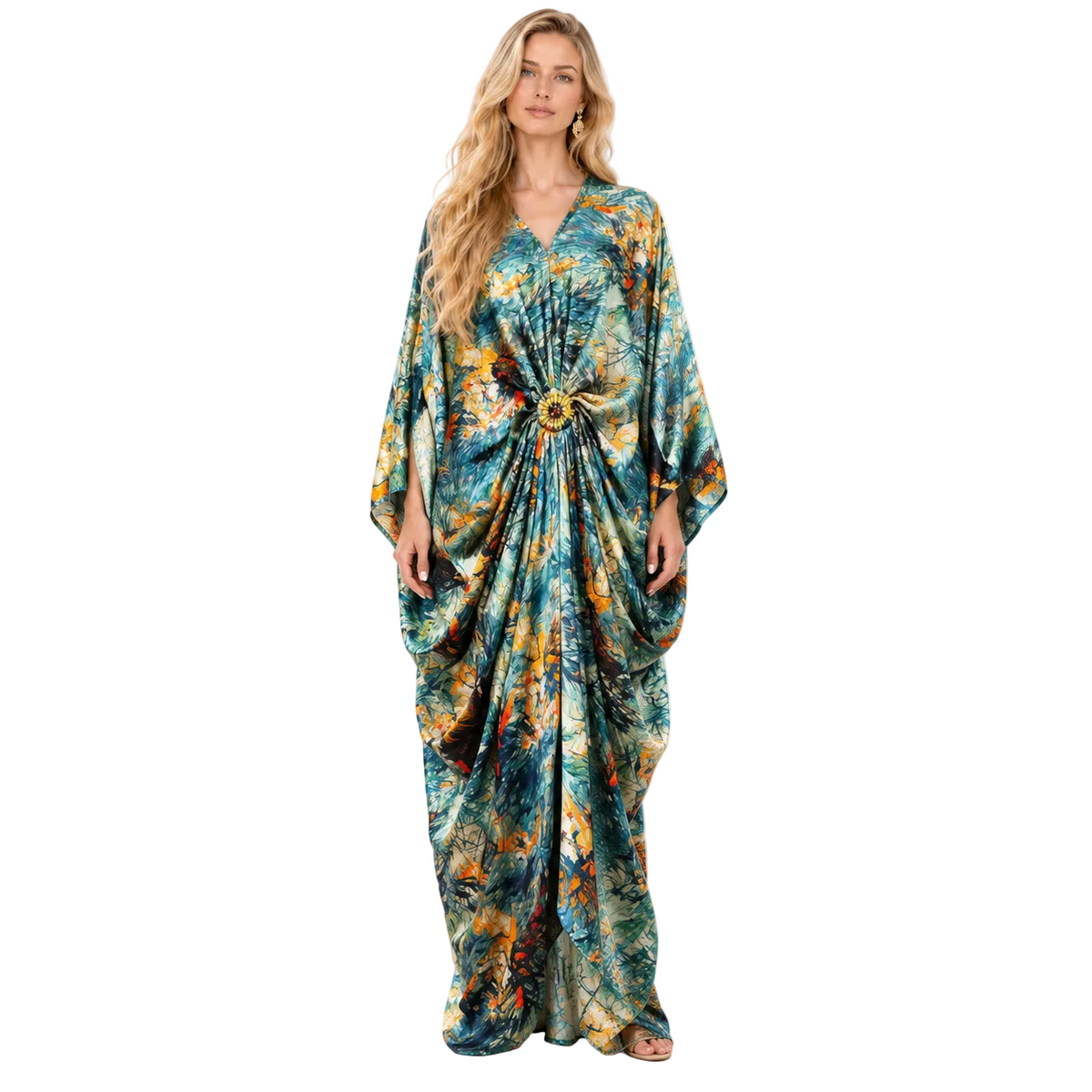 Blue Tropical Print Elegant Batwing Kaftan-1